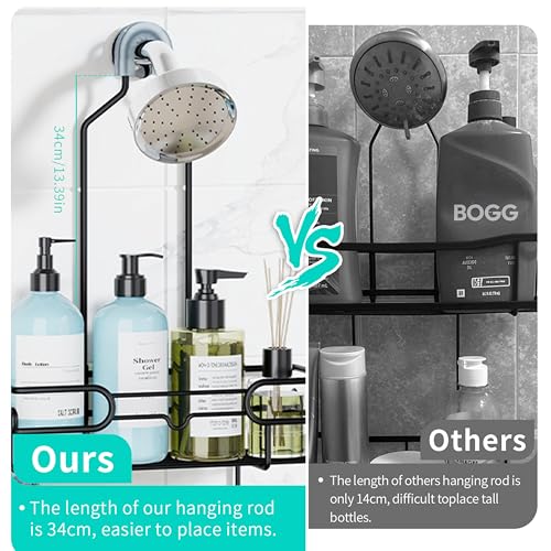 HapiRm Hanging Shower Caddy Organizer - Bathroom Organizer with 12 Hooks and Soap Holder, Rustproof Shower Shelf over Shower Head - Black