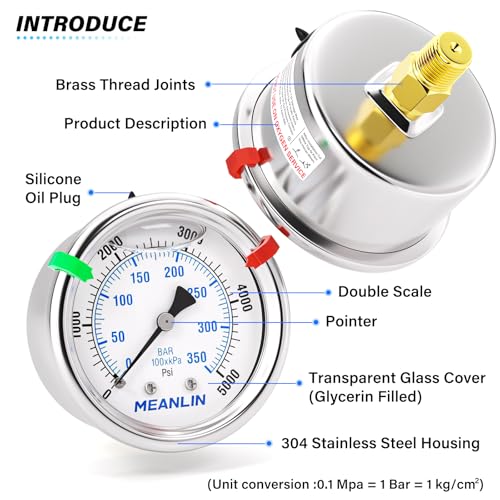 MEANLIN MEASURE 0-5000 PSI liquid-filled stainless steel pressure gauge with 2-inch dial and 1/4-inch NPT mount