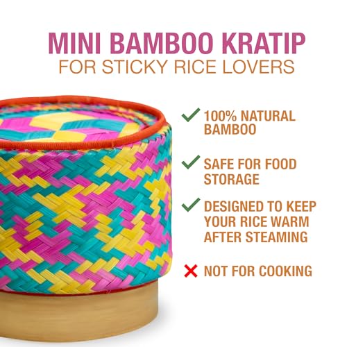 Mini Bamboo Sticky Rice Serving Basket Set – 4-Piece 4" Diameter Thai Wicker Kratip, Handmade Bamboo Sticky Rice Container, Food Safe for Authentic Thai Cuisine