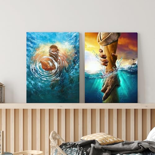Framed Jesus Christ Canvas Wall Art The Hand of God Jesus Reaching Into Water Christian Painting Prints Biblical Wall Decor Religious Room Decor for Church Prayer Room Schools Hospitals 12" x 16" 16"L x 12"W Jesus 3