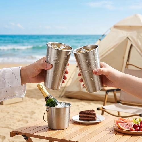 Beasea 20oz Stainless Steel Drinking Cups, 10 Pack 600ml Large Metal Water Tumblers Stackable Shatterproof Unbreakable Stainless Pint Cups for Home Outdoor Party Camping Silver Straight