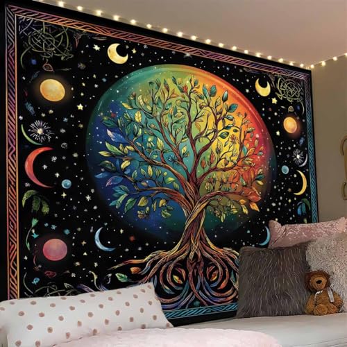FENDROM Moon Phase Tree of Life Tapestry Galaxy Sun and Moon Flower Plant Tapestries Boho Mandala Spiritual Aesthetic Wall Hanging Backdrop Blanket for Bedroom Living Room Dorm Decor 79"L x 59"W