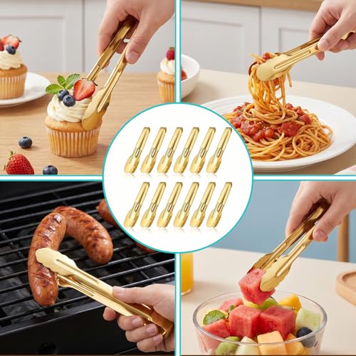 12 Pack Gold Serving Tongs, Stainless Steel Buffet Tongs, 9 Inch