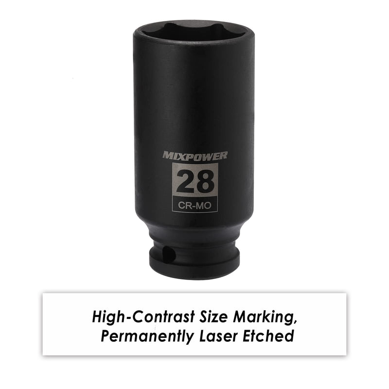 [Australia - AusPower] - MIXPOWER 1/2-Inch Drive Deep Impact Socket - 28mm, Metric, CR-MO, 6-Point, Deep, 1/2"Dr. Axle Nut Socket Impact Grade for Easy Removal 