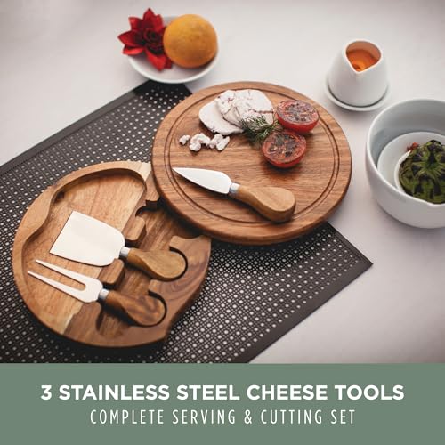 TOSCANA - a Picnic Time brand Acacia Brie Cheese Board and Knife Set - Charcuterie Board Set - Wood Cutting Board, (Acacia Wood) 7.5 Inches 7.5" Diameter - 4 Piece Set Acacia Wood