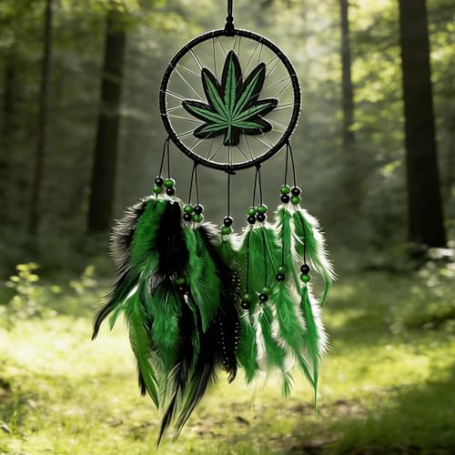 Dream Catchers, Green Leaf Weed Dreamcatcher Wall Hanging Ornament for Bedroom Living Room Apartment Wedding Party Decor, Festival Blessing Gift (Leaf-S) Leaf-s