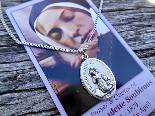 Saint Bernadette Necklace, Patron Saint Necklace, Double-sided Our Lady of Lourdes on the reverse, 20" Stainless Steel Venetian Box Chain