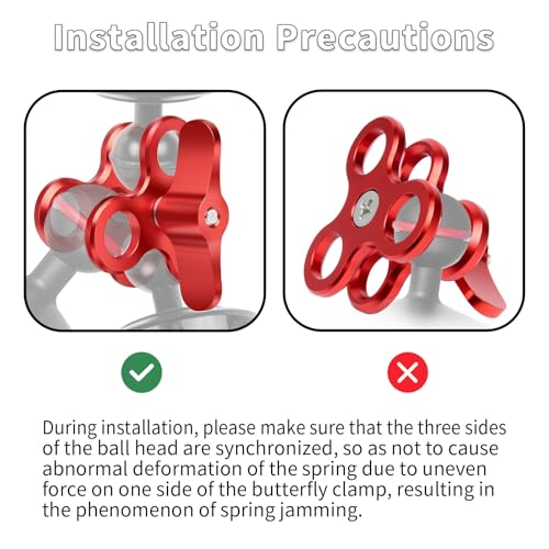 3-Hole 1" Aluminum Underwater Camera Clamp Ball Mount (2-Pack) - Underwater Bracket for Diving Light Arms & Camera Trays, Saltwater-Resistant Adapter for Scuba Photography/Videography Gear Triple Holes Red