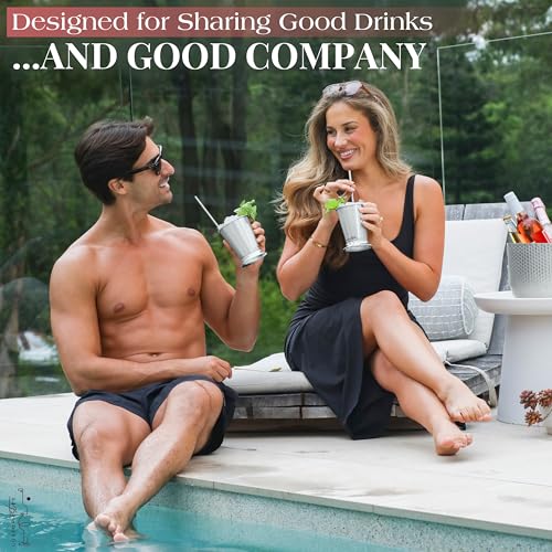 Gusto Nostro Mint Julep Cups Set of 2 - Stainless Steel Julep Cup Kit with Straws, Muddler, Spoon,Recipes, Vases - Southern-style Cocktail Glasses for Home Bar - Stainless Steel Cocktail Cups (Silver) Silver