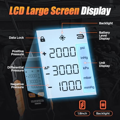 Digital Differential Pressure Gauge, -101-200 kPa Pressure Gauge ±0.5% FS High Precision Gas Pressure Gauge 6 Units Switch Air Pressure Gauge, Data Hold Function Mini Differential Pressure Gauge