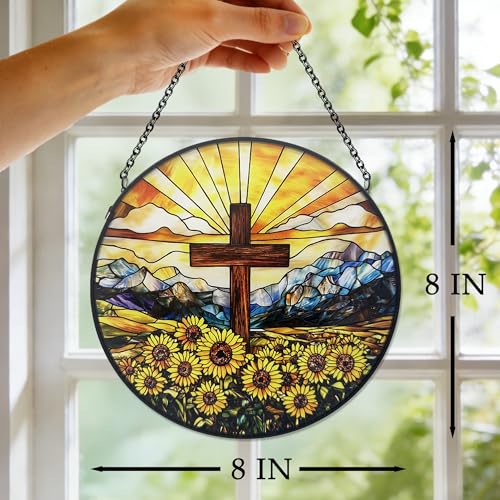 Christian Suncatcher Stained Glass, Christian Suncatcher for Women, Cross Suncatchers for Windows Hanging (UV Printed) Cross 2