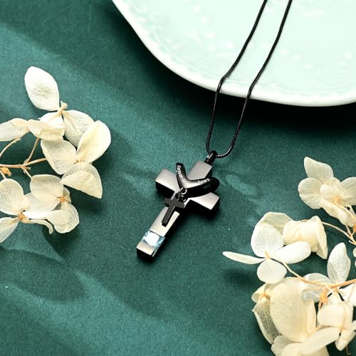 Cross Cremation Jewelry Urn Necklaces Urn Pendant Necklaces for Ashes Memorial Keepsake Pendant for Women Men Gifts With Funnel Kit & Bag Black+LightBlue
