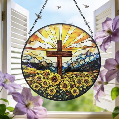 Christian Suncatcher Stained Glass, Christian Suncatcher for Women, Cross Suncatchers for Windows Hanging (UV Printed) Cross 2
