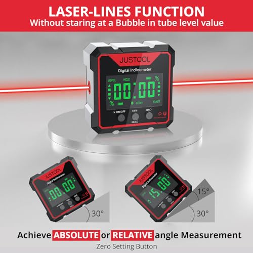 JUSTOOL Digital LCD Protractor Inclinometer Laser Angle Measuring Device Spirit Level IP54 Waterproof Level Box 4-Sided Magnetic Leveling Box Bevel Box with Type-C Charging Cable Red