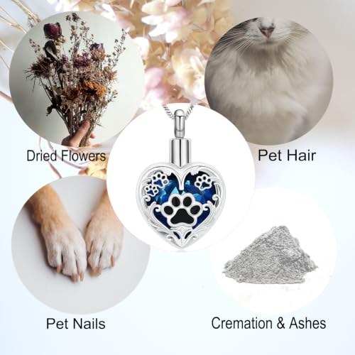 Yinplsmemory Pet Urn Necklace Pendant Jewelry for Dog Cat Memorial Crystal Heart Cremation Jewelry with Paw Print Ashes Keepsake Funeral Jewelry Silver-blue