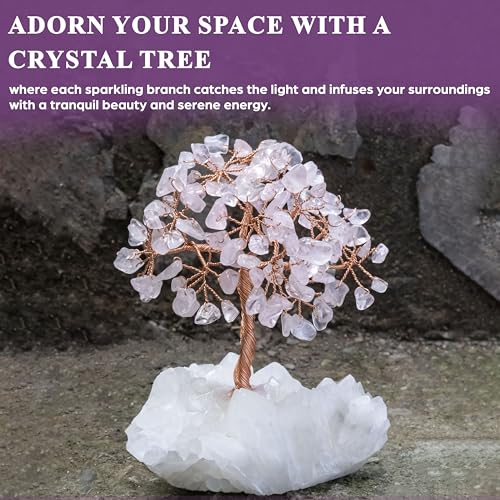 Crocon Rose Quartz Crystal Tree with White Aura Base Tree of Life Décor Bf Rose Quartz + White Aura Base