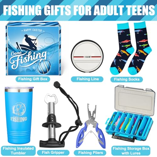 Fishing Easter Basket Stuffers for Men Teen Boys, Premade Easter Basket Gifts for Adutl Teens Husband Son with Fishing Tool Set Tumblers and Socks