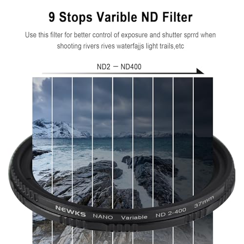 NEWKS 62mm MRC Variable ND Filter ND2-ND400, Neutral Density Adjustable ND Filter (0.3 to 2.7,1 to 9 Stops), No X Cross/Optical Glass/30 Layer Nano Coated/Ultra Slim/Water Repellent/Anti Scratch
