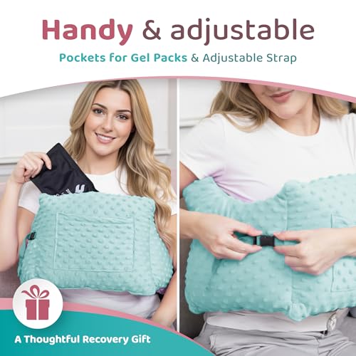 Zomaple 3-piece contoured support pillows recovery kit with gel pack and shower lanyard in aqua, designed for post-mastectomy comfort.