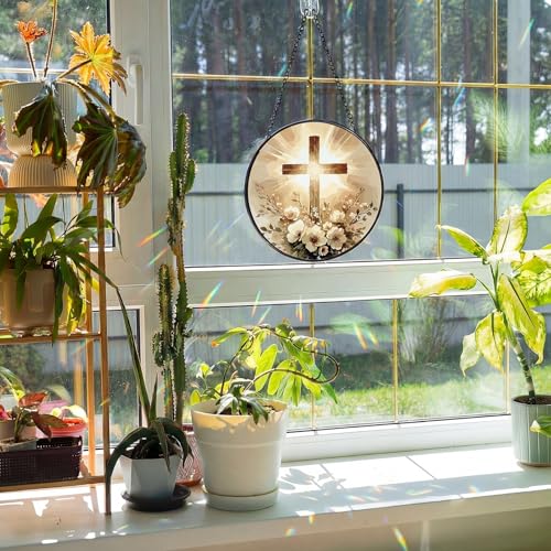 Mifoci 6.3 Inch Stained Glass Window Hanging Cross Suncatchers Indoor Window Christian Gifts for Room Office Decor Aesthetic