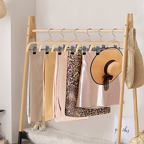 JS Hanger Wooden Pant Hangers, 5-Pack Light Weight Wood Skirt Hangers with Anti-Rust Hook and 2-Adjustable Clips 5 Pack