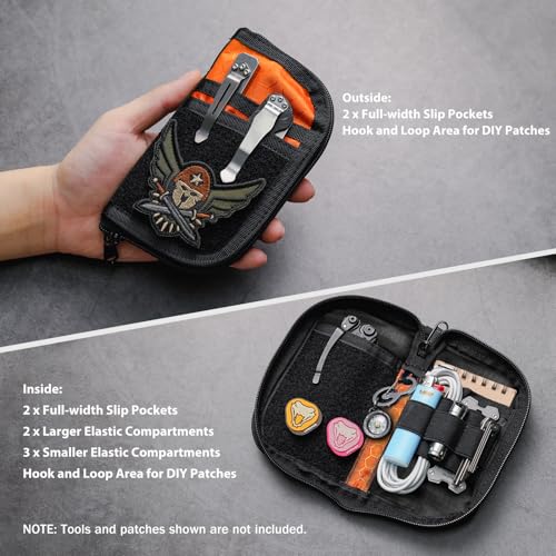 VIPERADE VE22 orange EDC pouch with 9 compartments, DIY patch areas, and compact multitool organizer design