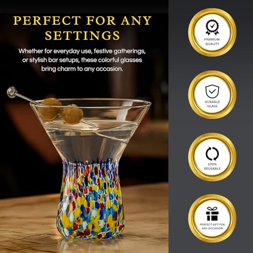Large Stemless Martini Glasses – Set of 2-8oz Luxury Hand Blown Confetti Margarita, Martinis, Cocktails, Water, Wine, Dessert & Champagne Glasses Cinco de Mayo, Hand Blown - Mexican Confetti Glass Mexican Confetti Martini Glass