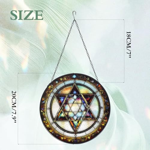 Star of David Stained Glass Window Hanging Suncatcher with Chain - 7.9" Outdoor/Indoor Art Decor for Home Garden, Thanksgiving, Wedding, Mother's, Valentine's & Christmas Ornaments Present Star of David