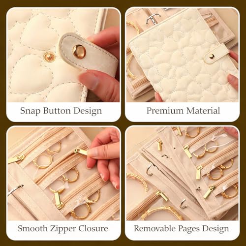 Blue Travel Jewelry Organizer Case for Women & Girls, Portable Book-Style Jewelry Storage Binder with Clear Zipper Velvet Pouches for Bracelet, Necklace, Earring, Ring, Cute Hearts Jewelry Holder Blue