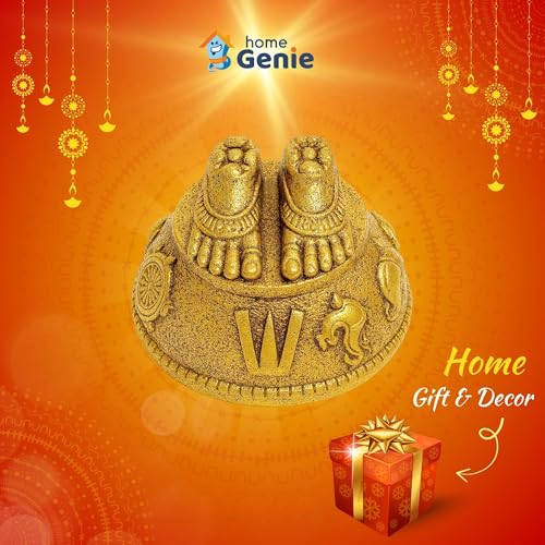 HOME GENIE Brass Finish Charan Paduka | Miniature Holy Feet Idol for Pooja, Car Dashboard, Home Mandir, Gift for Devotees | 3.8x3.8x2 cm | Lightweight 34g Spiritual Decor