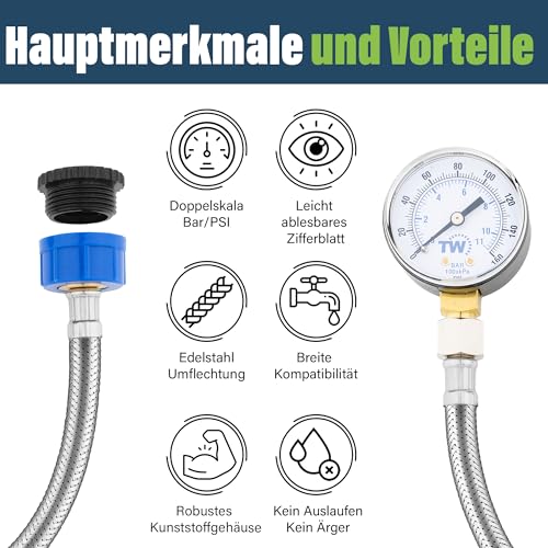 Mains Water Pressure Gauge - 0-11 Bar / 0-160 PSI | Mains water supply pressure gauge with hose tap connection - plumbing tool for home, garden and irrigation system
