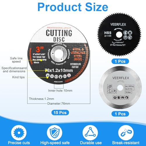 Cutting Discs, Cutting Disc, 76 mm, Sanding Discs for Angle Grinder, Cutting Disc, Cutting Disc, Flex Discs for Cutting Metal, Wood, Stone, Plastic, Ceramic, for 10 mm Bore