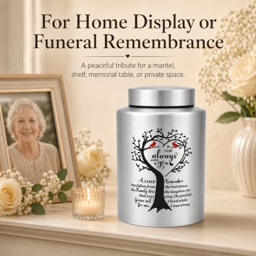 7.3 Inch Medium Urns for Human Ashes, Cremation Urn for Human Ashes, 140 Cubic Inches Decorative Stainless Steel Funeral Memorial Keepsake Urn with Two Cardinal Birds, Silver