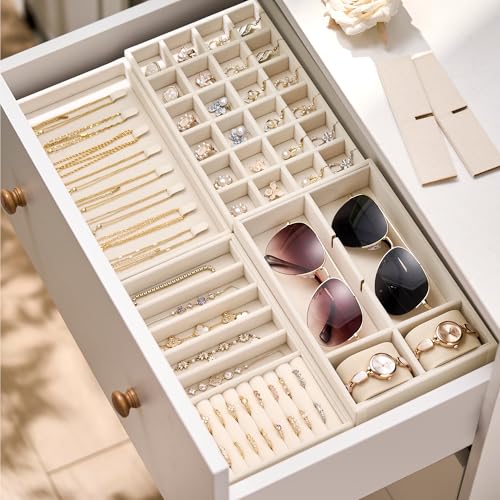 Velvet Jewelry Drawer Organizer Trays – 4-Layer Stackable Jewelry Storage Inserts Set, Beige Jewelry Tray Set for Earrings, Rings, Necklaces, Bracelets with Removable Dividers for Dresser & Vanity Compact (Tablet Size)