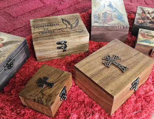 RK Collections Cross Rosary Box Made of Teak Wood | First Communion Jewelry Box | Trinket Box for Rosary Beads, Keepsakes, Small Jewelry and Mementos (5.75" x 4.75" x 2.5") 5.75" x 4.75" x 2.5"
