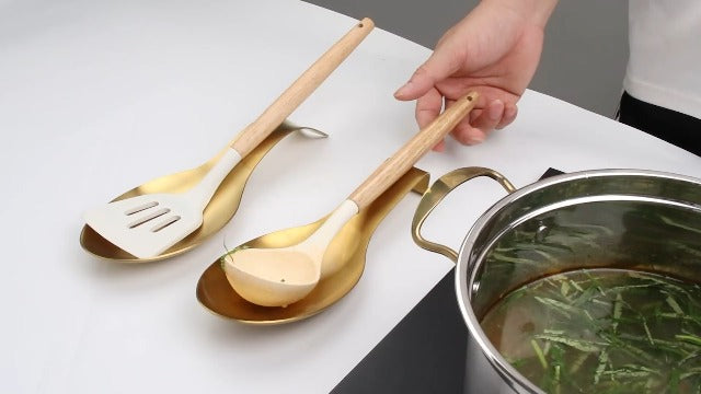 VanlonPro Stainless Steel Spoon Rest, Spatula Ladle Holder, Stainless Steel Utensil Spoon Rest Holder, Brushed Finish, Dishwasher Safe 9.8 x 3.7 Inch (Gold + Black, 2PCS) 2.#Gold+Black