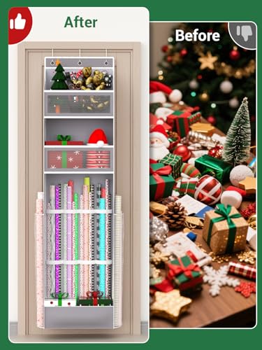 Over Door Wrapping Paper Organizer Hanging – Christmas Gift Wrap Storage for Ribbons, Bows, Ornament and Other Tools, Behind Door Long Craft Roll Holder Bag, Present Wrap Container, 1Pack, Gray