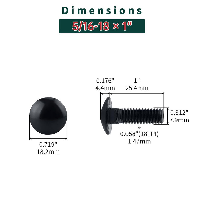 [Australia - AusPower] - 5/16-18 x 1" Black Carriage Bolts with Nuts and Washers Kits (10 Sets), 304 Stainless Steel 18/8, Black Finish, Round Head, Square Neck, Heavy Duty Bolts, Indoor Outdoor Fastening Bolts, Fayeploo 5/16-18 x 1" 