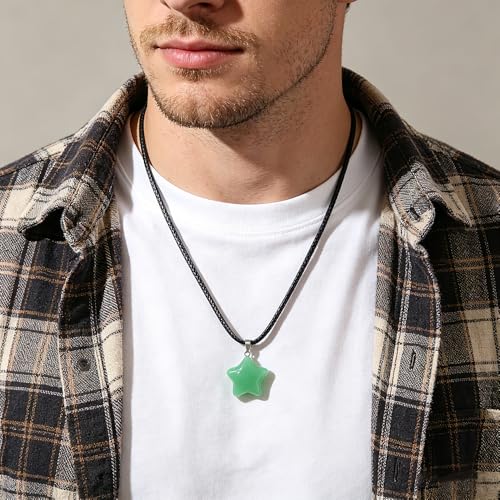 FANASY Natural Gemstone Carved Star Pendant Necklace Cute Star Charm Pendant Healing Crystal for Women Green Aventurine