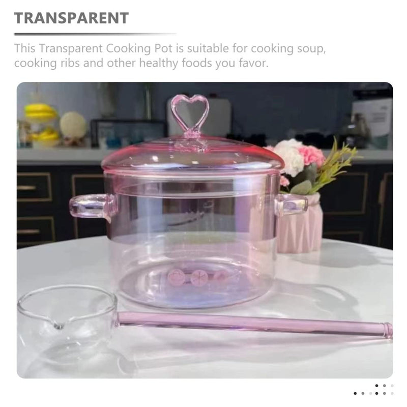 Vaguelly Retro Glass Soup Pot 1.5L Double-Handle Cooking Pot for Stovetop Heat-Resistant Household Stew for Soup Noodles and Seafood Pink 1.5L(1.6Qt)