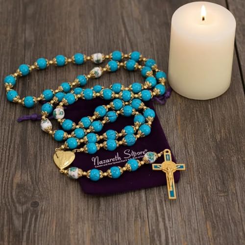 Nazareth Store Saint Benedict 10mm Glass Rosary Beads Catholic Necklace Flowers Mystery Bead Miraculous Medal Locket Cross Prayer Rosarios Catolicos Turquoise