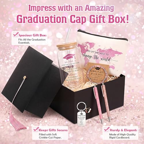 Vesici 8 Pcs Class of 2026 Graduation Gift Box Set for Women Her Grad Cap Box Glass Cup Makeup Bag Bracelet Pen Keychain College High School Graduation Gift for Daughter Sister Friend(Pink) Pink