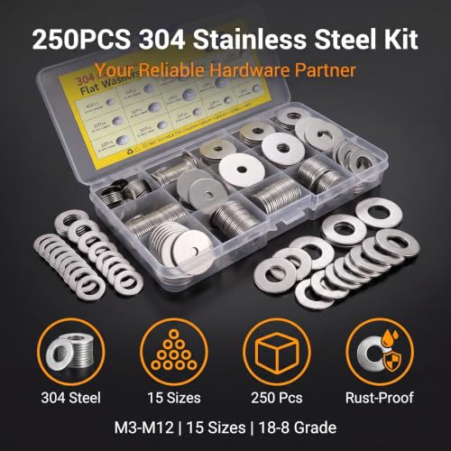 250 PCS Flat Washers Assortment Kit, 304 Stainless Steel Fender Washers, 15 Sizes (M3 M4 M5 M6 M8 M10 M12) Metric Metal Washers, Universal for Automotive Industrial Home