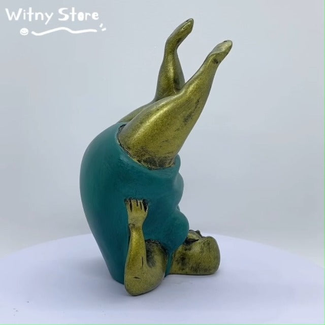 5½" Green Gold Supported Shoulder Stand Pose Resin Yoga Asana Fat Lady Figurine Meditating Woman Statue Adult Collectors Elegant Handcrafted Shelf Display Decoration Home Decor Gifts YGsss_008