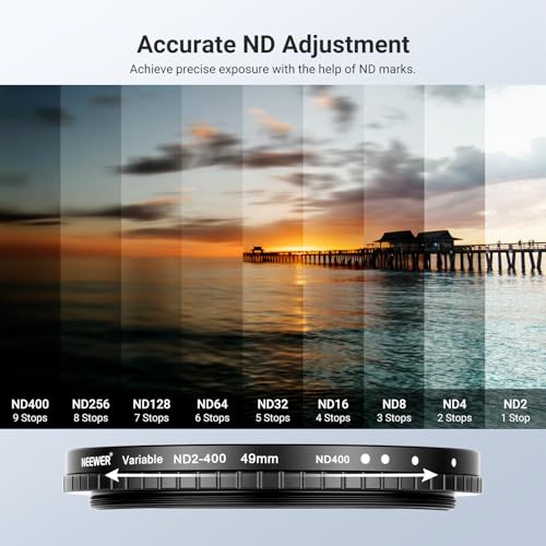 NEEWER 49mm Variable ND + CPL + UV Filter Kit (3 Pack), Multicoated Neutral Density (ND2-400) Circular Polarizer Camera Lens Polarizing Filter Photography Accessories Set with Carry Case & Lens Caps