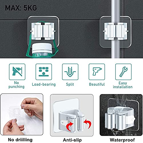 Pack of 4 Broom Holder Wall Self-Adhesive Broom Holder Self-Adhesive Mop Holder No Drilling Wall Mount Broom Holder Broom Holder Wall Mounted Grey Mop Holder Mop Holder for Kitchens, Bathrooms