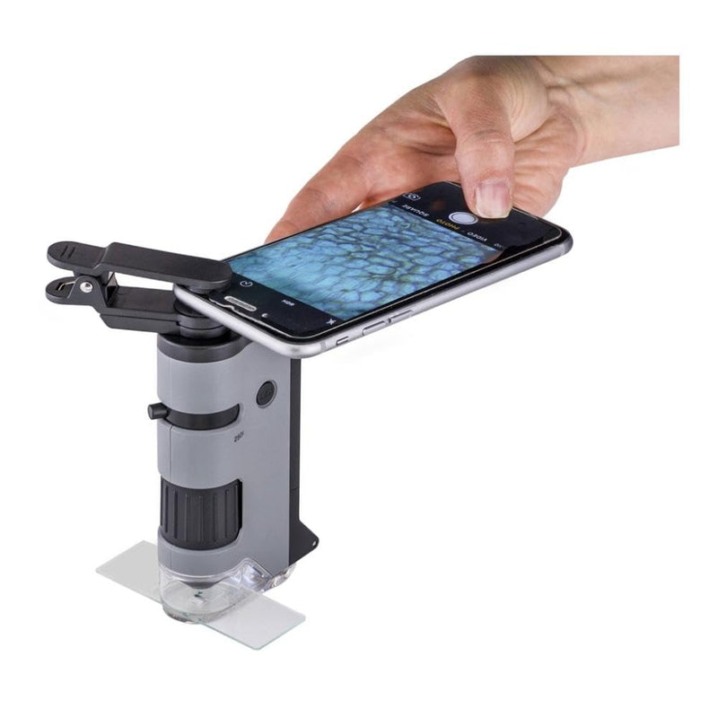Carson MicroFlip 100-250x LED Illuminated Pocket Microscope with Smartphone Digiscoping Adapter Clip 100x-250x, Pack of 1
