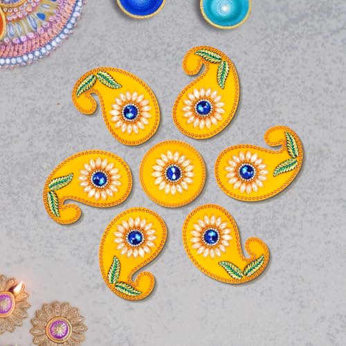 Yellow Paisley Acrylic Rangoli Set with Laxmi Charan Pagla – Traditional Handmade Rangoli Sticker for Home, Diwali, Wedding, Pooja & Housewarming Décor – 10 x 10 Inch