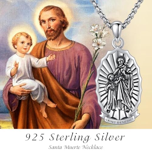 925 Sterling Silver Santa Muerte/St Benedict/Virgin Mary/Saint Jesus/Saint Joseph Miraculous Medal Necklace for Men Saint Joseph