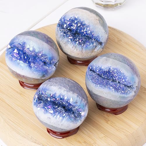 TUMBEELLUWA Healing Crystal Druzy Geode Sphere with Wooden Stand Blue 2.01-2.36" (51-60 mm)